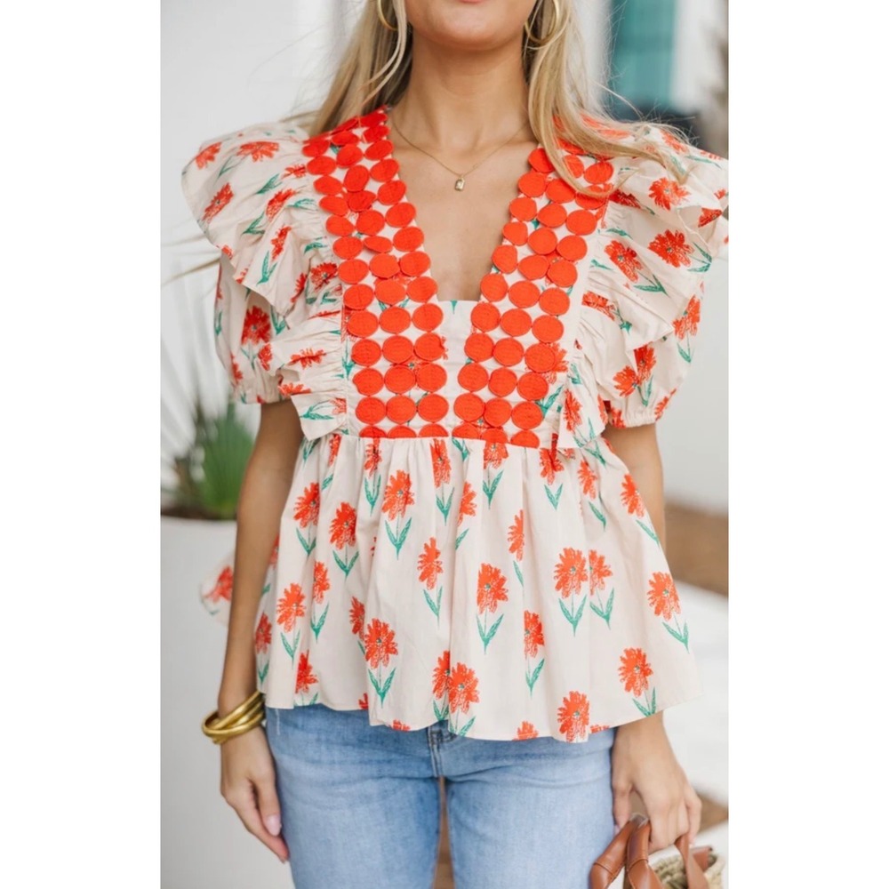 Entro Womens Boho Babydoll Large Floral Peplum Top Ruffle Sleeve Lace Applique